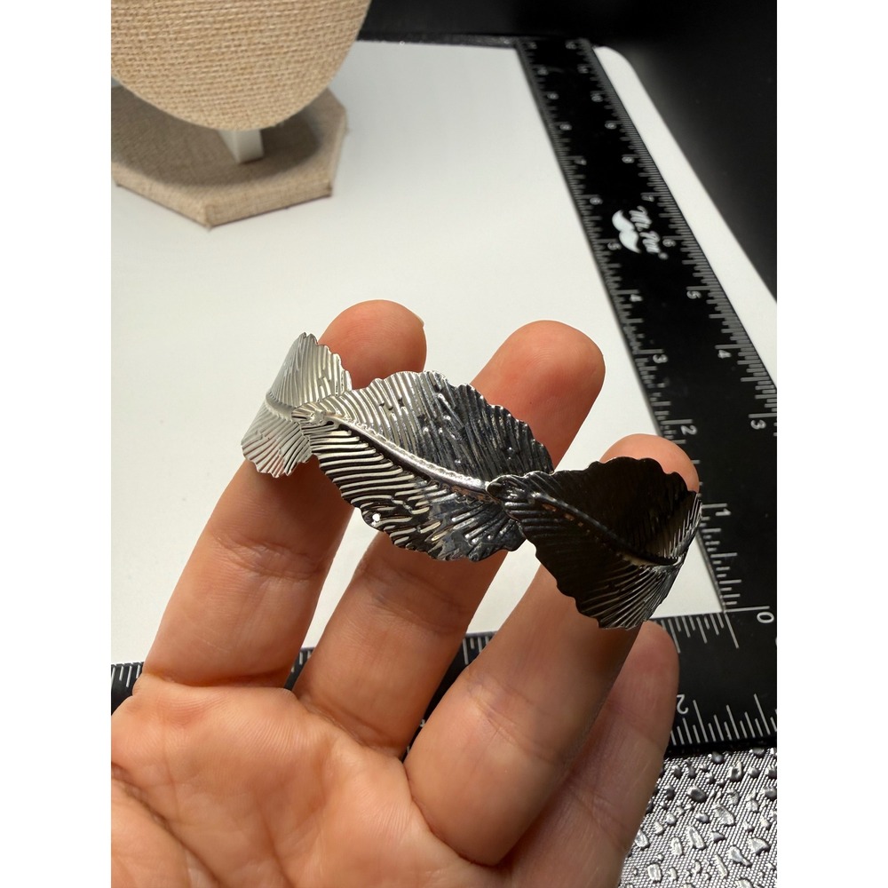 Silver Tone Triple Feather Cuff Bracelet Boho Statement Open‎ Bangle